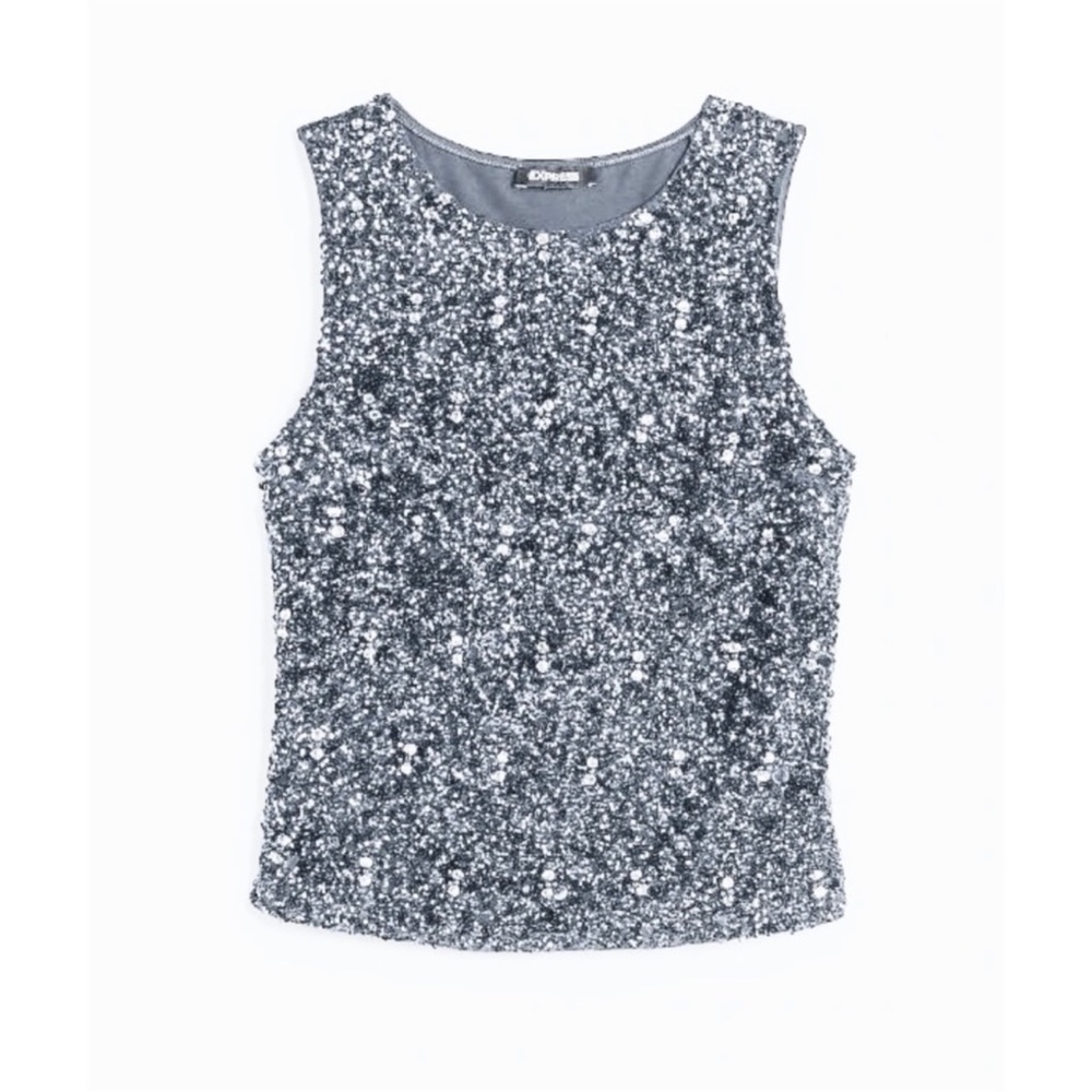NWT Express Silver Sequin & Pearl Embellished Top